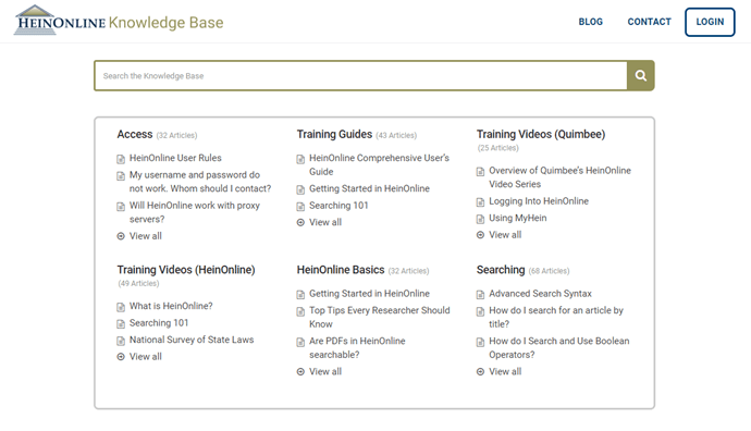 HeinOnline Knowledge Base Landing Page